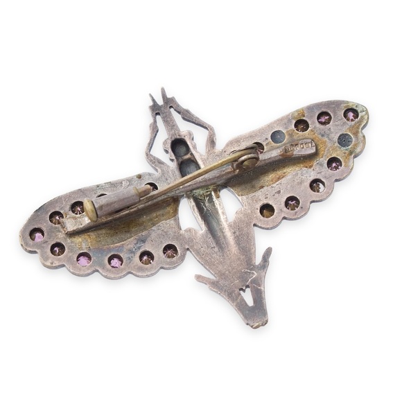 Vintage French Grasshopper Brooch Silver Plate Purple Rhinestone Locust Insect - Picture 6 of 7